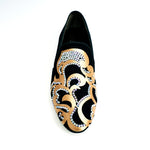 Load image into Gallery viewer, Daniel SW (MS20) - Black Suede Loafer with Gold Silk Satin Design + Long Shape Boreal Swarovski
