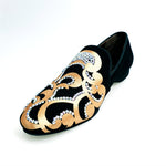 Load image into Gallery viewer, Daniel SW (MS20) - Black Suede Loafer with Gold Silk Satin Design + Long Shape Boreal Swarovski
