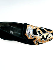 Load image into Gallery viewer, Daniel SW (MS20) - Black Suede Loafer with Gold Silk Satin Design + Long Shape Boreal Swarovski
