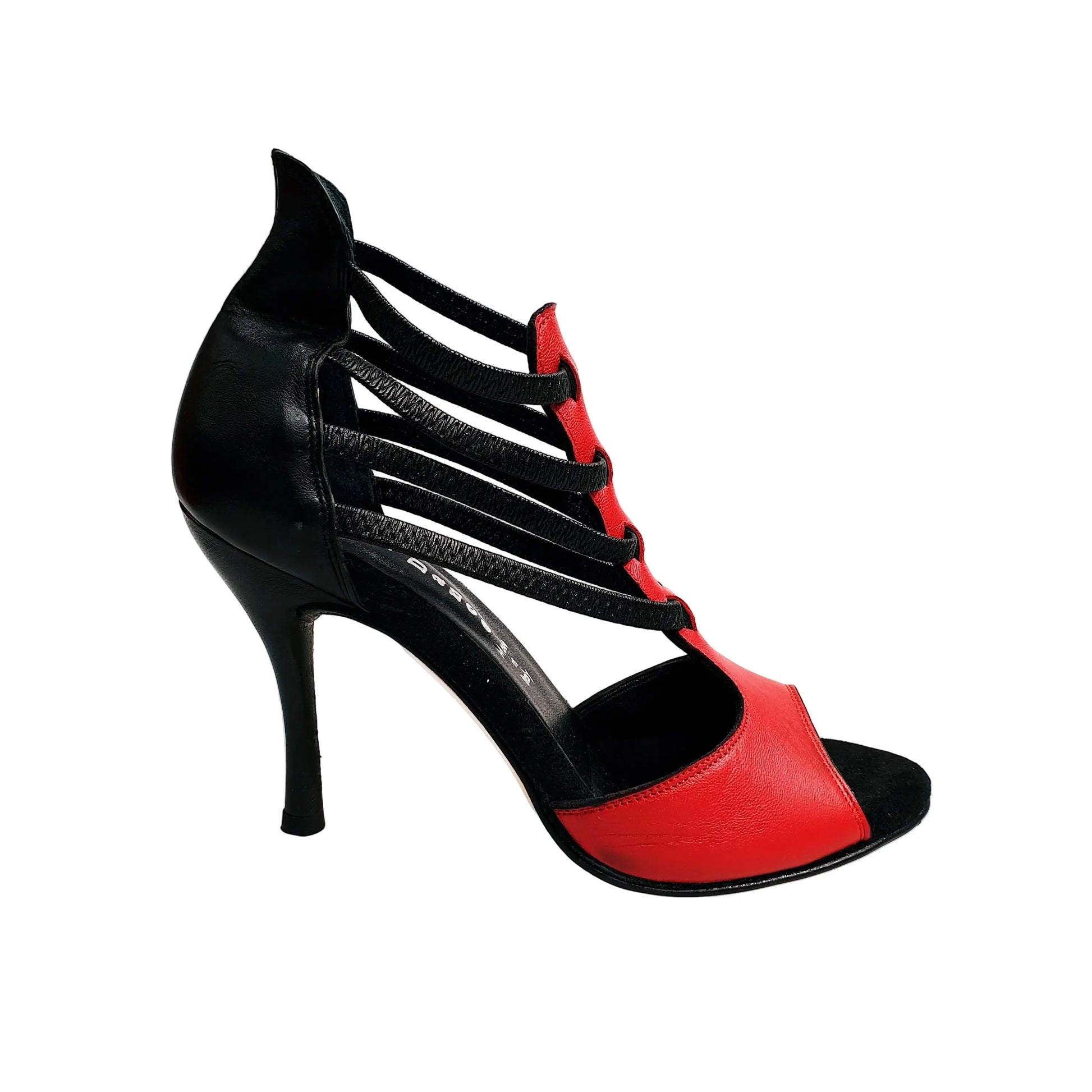 Sandalo donna Lilith (460) in pelle rossa con tacco e tallone nero, scarpa Wish Dance Shop, elegante e alla moda.