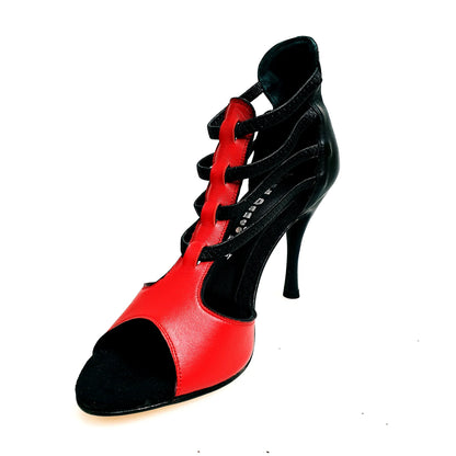 Sandalo donna Lilith (460) in pelle rossa con tacco e tallone in nero, scarpa Wish Dance Shop, dettaglio elegante e femminile
