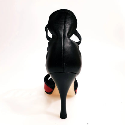 Sandalo donna Lilith (460) in pelle rossa con tacco nero e tallone aperto, scarpa Wish Dance Shop, elegante e confortevole.