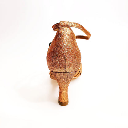 Scarpa da ballo Wish Dance Shop Pepa (210/6) in glitter bronzo con fascette in camoscio e tacco a rocchetto.