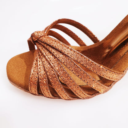 Scarpa da ballo Wish Dance Shop Pepa (210/6) in glitter bronzo con fascette in camoscio e tacco a rocchetto, donna.