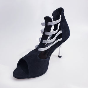 Tatyana (460PW) - Sandalo da Donna in Camoscio Nero con Elastici Argento e Tacco a Stiletto laminato Argento