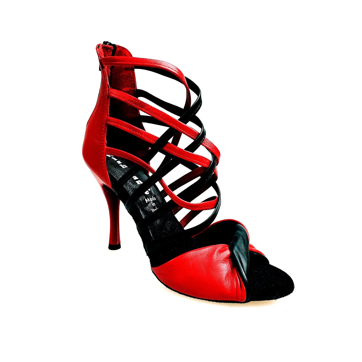 Sandalo donna Natalia (360) Wishdance in pelle rossa e nera, con cinturino e tacco, scarpa elegante in pelle.