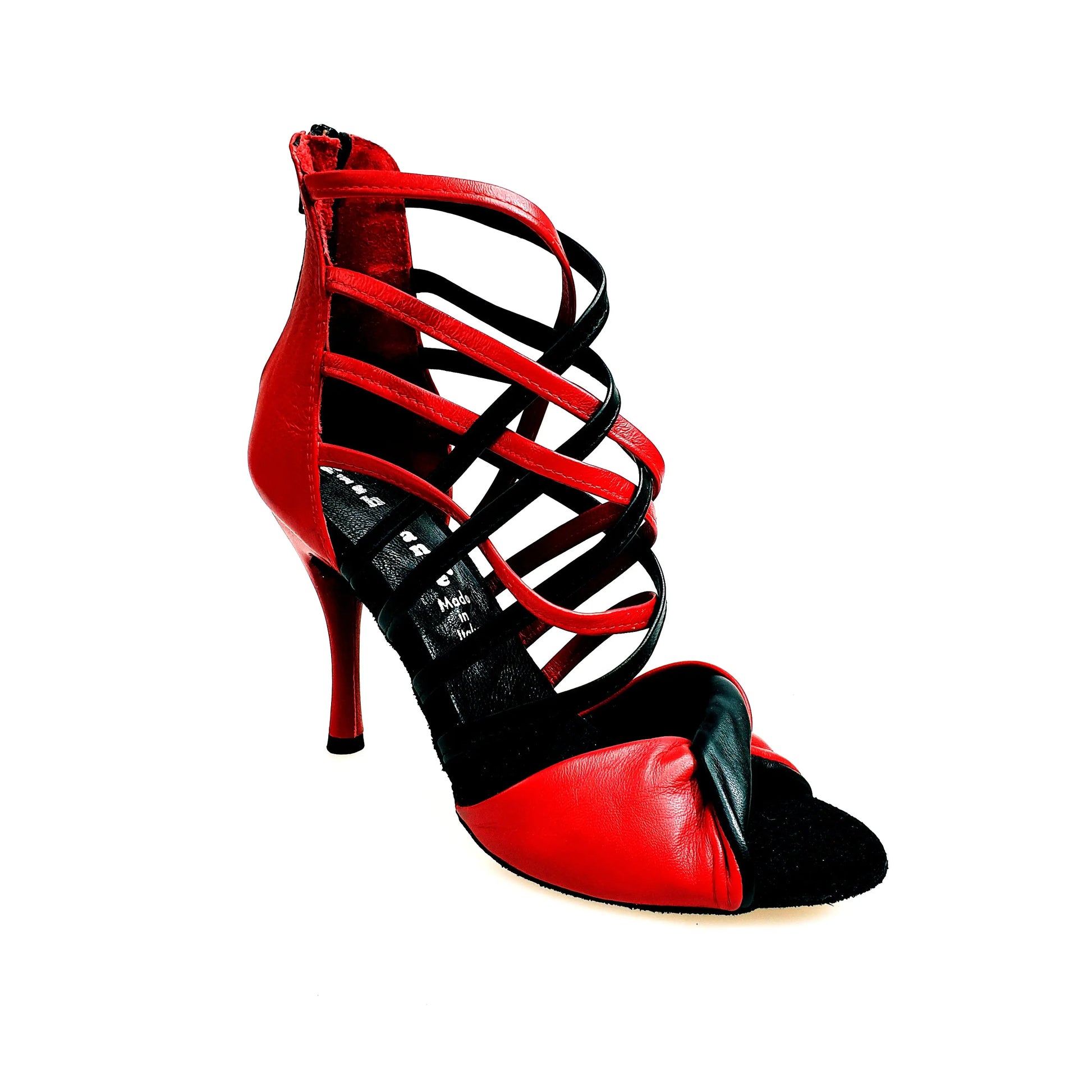 Sandalo donna Natalia (360) Wishdance in pelle rossa e nera, con cinturino e tacco, scarpa elegante in pelle.
