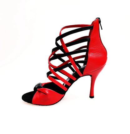Sandalo donna Wishdance Natalia (360) in pelle rossa e nera, scarpa elegante con cinturino e suola piatta.