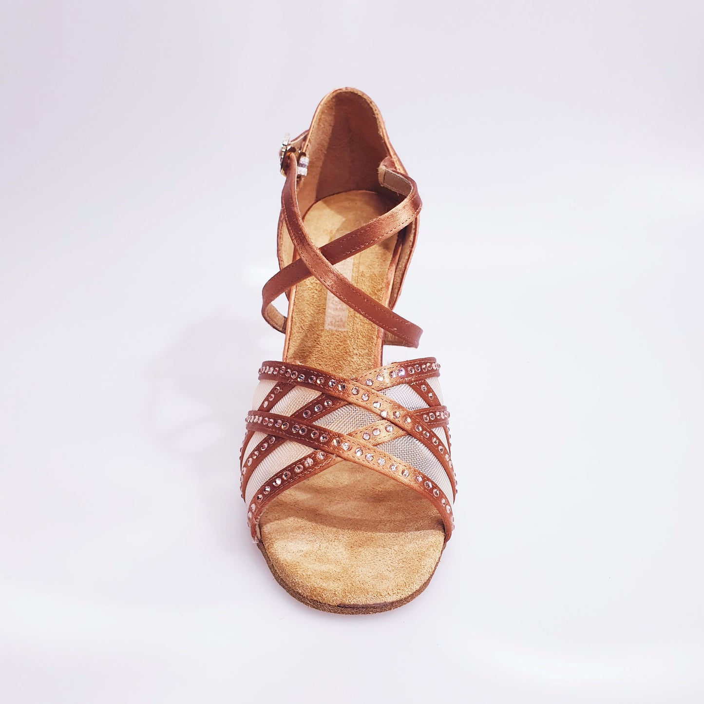 Scarpa donna Brigitte QC in raso bronzo con rete e strass champagne, elegante e brillante, da ballo o cerimonia