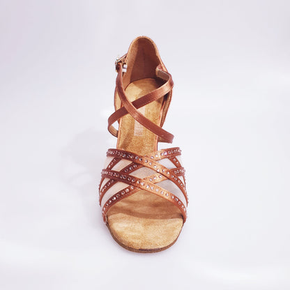 Scarpa donna Brigitte QC in raso bronzo con rete e strass champagne, elegante e brillante, da ballo o cerimonia