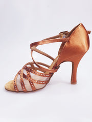 Load image into Gallery viewer, Brigitte QC (1538H) - Woman&#39;s Shoe in Bronze Satin with Mesh and Tan Rhinestones
