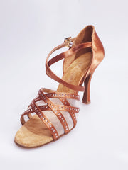 Load image into Gallery viewer, Brigitte QC (1538H) - Woman&#39;s Shoe in Bronze Satin with Mesh and Tan Rhinestones
