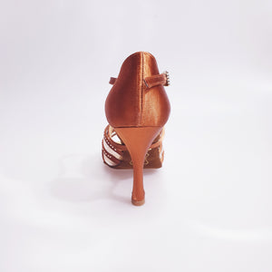 Brigitte QC (1538H) - Woman's Shoe in Bronze Satin with Mesh and Tan Rhinestones