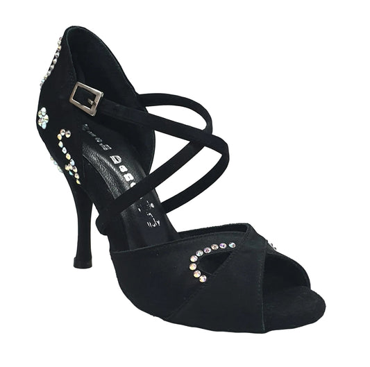 Scarpa da donna Gravity SW QC Wish Dance Shop in raso seta nero con Swarovski, cinturino incrociato e dettaglio bastone.