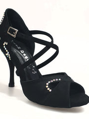 Load image into Gallery viewer, Gravity SW QC (32QC) - Women&#39;s Black Silk Satin Shoe with Swarovski Stick Design Crossed Instep Strap
