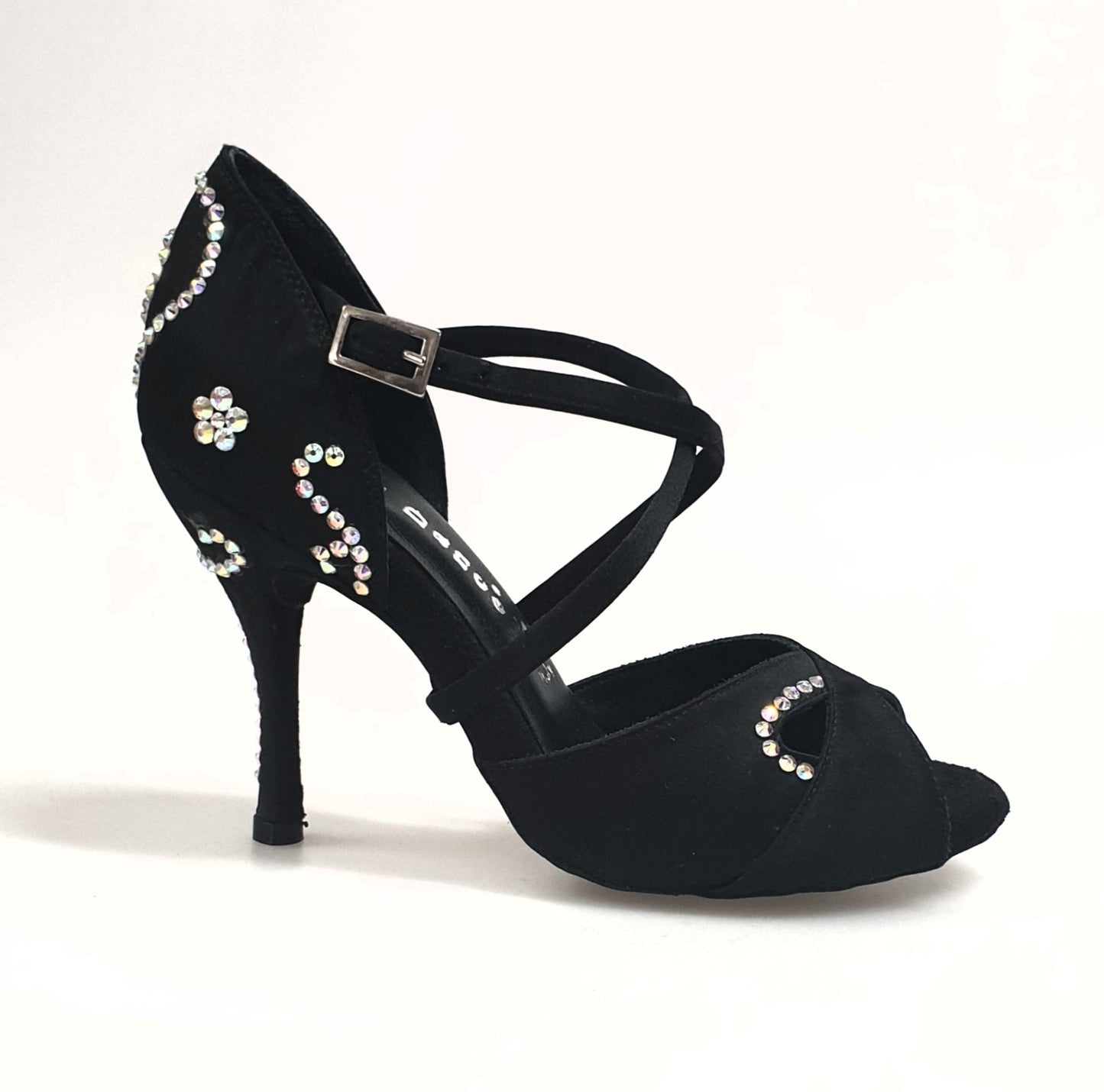 Scarpa da donna Gravity SW QC in raso seta nero con Swarovski, cinturino incrociato e dettagli eleganti sul collopiede.