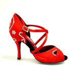 Load image into Gallery viewer, Gravity SW QC (32QC) - Women&#39;s Red Silk Satin Shoe with Swarovski Stick Design Crossed Instep Strap
