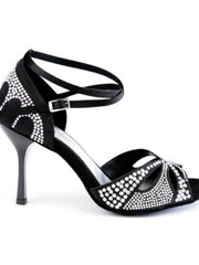 Carica immagine nella Galleria, Deluxe Butterfly (L2) - Scarpa da Ballo in Raso Seta Nera con Swarovski Boreali e Tacco a Stiletto Squadrato Smaltato Nero
