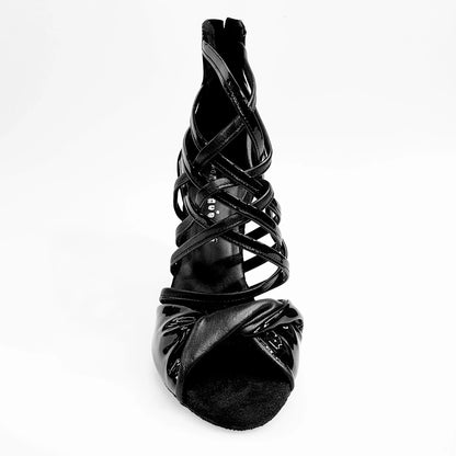 Sandalo alto da donna Wishdance Natalia (360) in pelle e vernice nera con strisce in pelle e vernice nera, dettaglio elegante