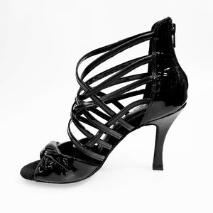 Natalia (360) - Woman's High Sandal in Black Patent Leather and Black Leather with Black Leather and Black Patent Straps