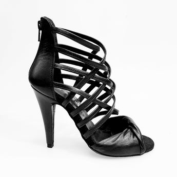 Natalia (360) - Sandalo Alto da Donna in Pelle Nera con Tacco alto a Spillo Largo