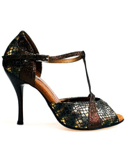 Load image into Gallery viewer, Xena (698) - Woman&#39;s Sandal in Bronze Boa and Glitter Brown with Slim Heel
