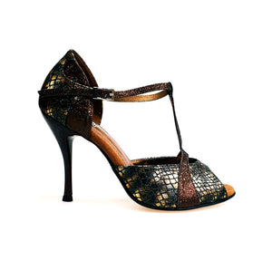 Xena (698) - Woman's Sandal in Bronze Boa and Glitter Brown with Slim Heel