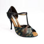Load image into Gallery viewer, Xena (698) - Woman&#39;s Sandal in Bronze Boa and Glitter Brown with Slim Heel
