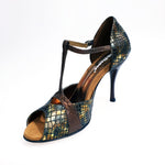 Load image into Gallery viewer, Xena (698) - Woman&#39;s Sandal in Bronze Boa and Glitter Brown with Slim Heel
