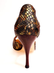 Load image into Gallery viewer, Xena (698) - Woman&#39;s Sandal in Bronze Boa and Glitter Brown with Slim Heel
