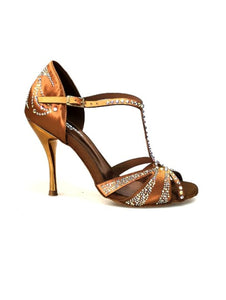 CAMILA Superb (accollata) L13 - Ballet Shoe in Bronze Silk Satin with Boreal Swarovski and Copper Gold Laminated Stiletto Heel