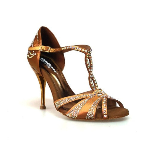 Scarpa da ballo Camila Superb L13 in raso seta bronzo con Swarovski Boreali e tacco a spillo laminato oro ramato