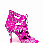 Load image into Gallery viewer, Olimpya Extra Plus - Sandalo a Tronchetto in Camoscio Fuxia e Swarovski Boreali Tacco a Rocchettino Squadrato Sottile
