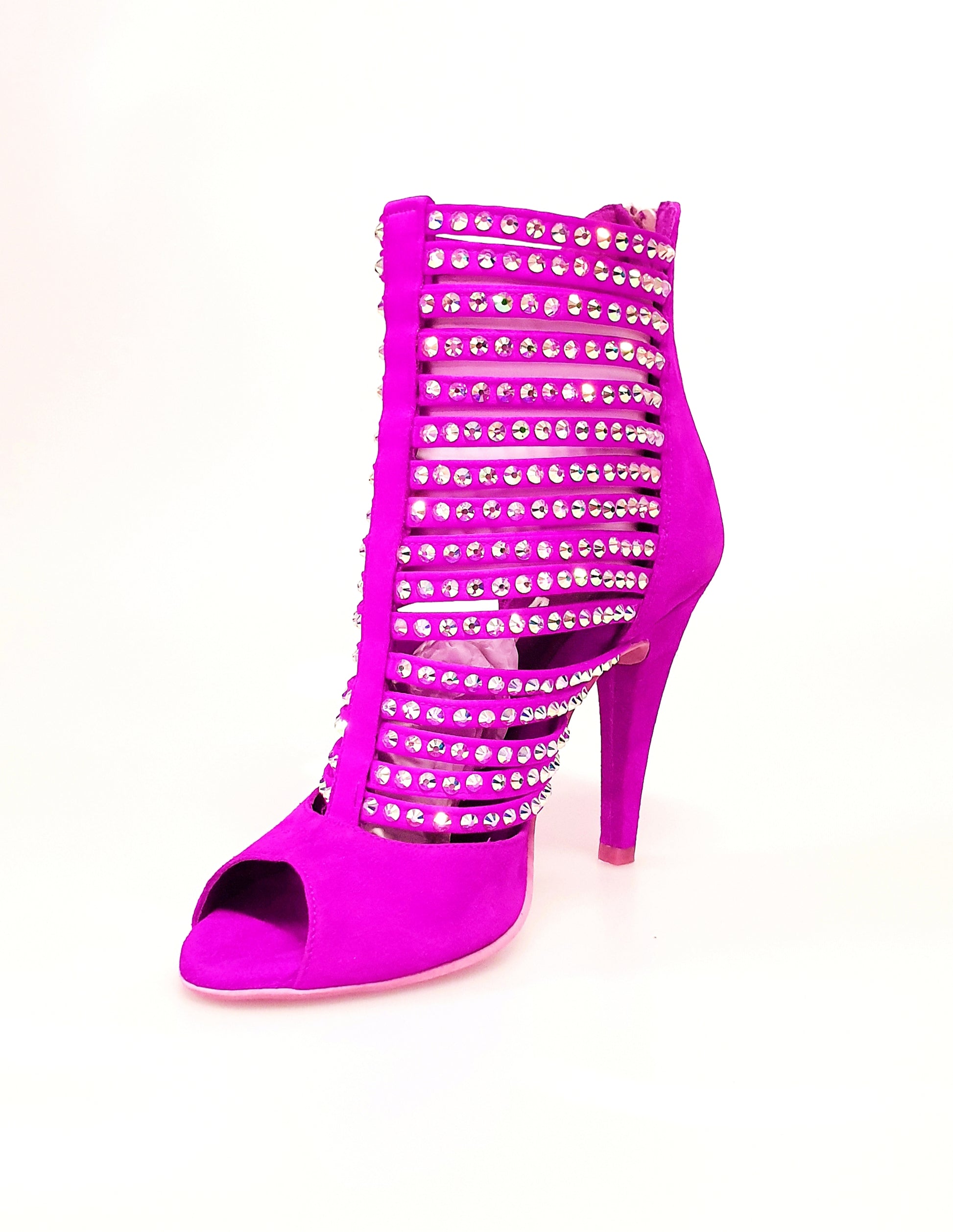 Sandalo donna Elizabeth Plus in camoscio fuxia con dettagli Swarovski Boreali, stile tronchetto, Wish Dance Shop