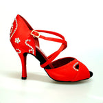 Load image into Gallery viewer, Gravity SW QC (32QC) - Women&#39;s Red Silk Satin Shoe with Swarovski Stick Design Crossed Instep Strap
