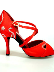 Load image into Gallery viewer, Gravity SW QC (32QC) - Women&#39;s Red Silk Satin Shoe with Swarovski Stick Design Crossed Instep Strap
