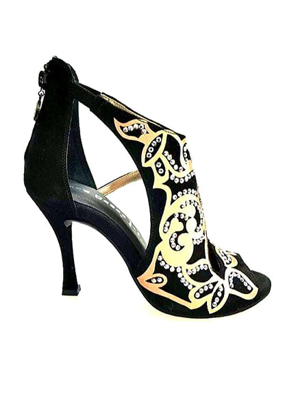 Scarpa donna Desiré SW Wishdance in camoscio nero, con inserti in raso seta bronzo e dettagli Swarovski Boreali.