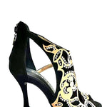 Carica immagine nella Galleria, Desiré SW - Sandalo da Donna in Camoscio Nero Inserto Raso Seta Bronzo con Swarovski Boreali
