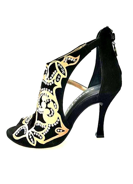 Sandalo Donna Desiré SW di Wishdance in camoscio nero con inserti in raso seta bronzo e dettagli Swarovski Boreali.