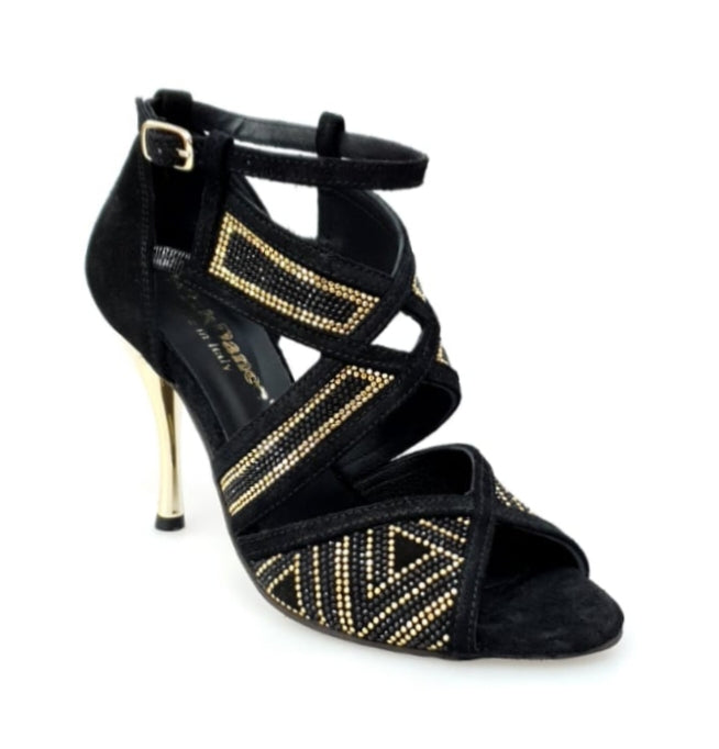 Scarpa da donna Julija Glam in camoscio nero con miniborchie oro, Swarovski neri e tacco a spillo laminato oro.