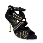 Carica immagine nella Galleria, JULIJA (Glam) - Scarpa da donna in Camoscio Nero e Miniborchie Oro e  Swarovski Neri con Tacco a Spillo Laminato Oro
