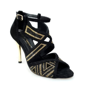 Glam - Woman's Shoe in Black Suede and Gold Mini Studs and Black Swarovski with Gold Laminated Stiletto Heel
