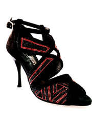 Carica immagine nella Galleria, JULIJA (Glam) - Scarpa da donna in Camoscio Nero e Miniborchie Rosse e Swarovski Neri con Tacco a Spillo Smaltato Nero
