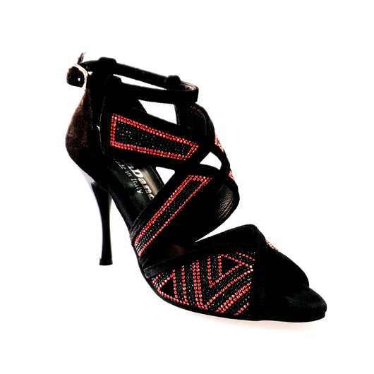 Glam - Woman's Shoe in Black Suede and Red Mini Studs and Black Swarovski with Black Enameled Stiletto Heel