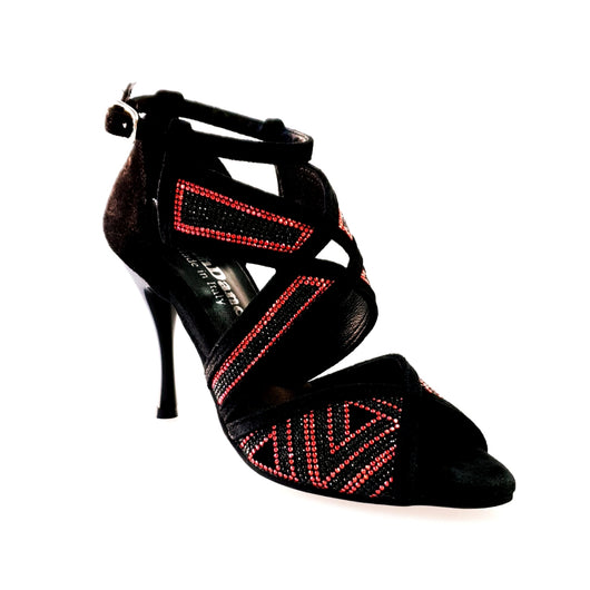 JULIJA (Glam) - Scarpa da donna in Camoscio Nero e Miniborchie Rosse e Swarovski Neri con Tacco a Spillo Smaltato Nero