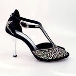 Load image into Gallery viewer, MIRIAM Temptation Plus (L6) - Scarpa Da Donna in Raso Seta Nero Con Swarovski Boreali e Tacco a Stiletto Laminato Argento
