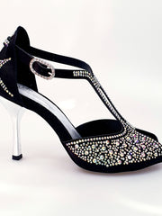 Load image into Gallery viewer, MIRIAM Temptation Plus (L6) - Scarpa Da Donna in Raso Seta Nero Con Swarovski Boreali e Tacco a Stiletto Laminato Argento
