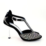 Load image into Gallery viewer, MIRIAM Temptation Plus (L6) - Scarpa Da Donna in Raso Seta Nero Con Swarovski Boreali e Tacco a Stiletto Laminato Argento
