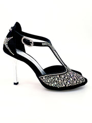 Load image into Gallery viewer, MIRIAM Temptation Plus (L6) - Scarpa Da Donna in Raso Seta Nero Con Swarovski Boreali e Tacco a Stiletto Laminato Argento
