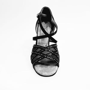 Brigitte QC (1538H) - Black Satin Woman's Shoe with Mesh and Black Rhinestones